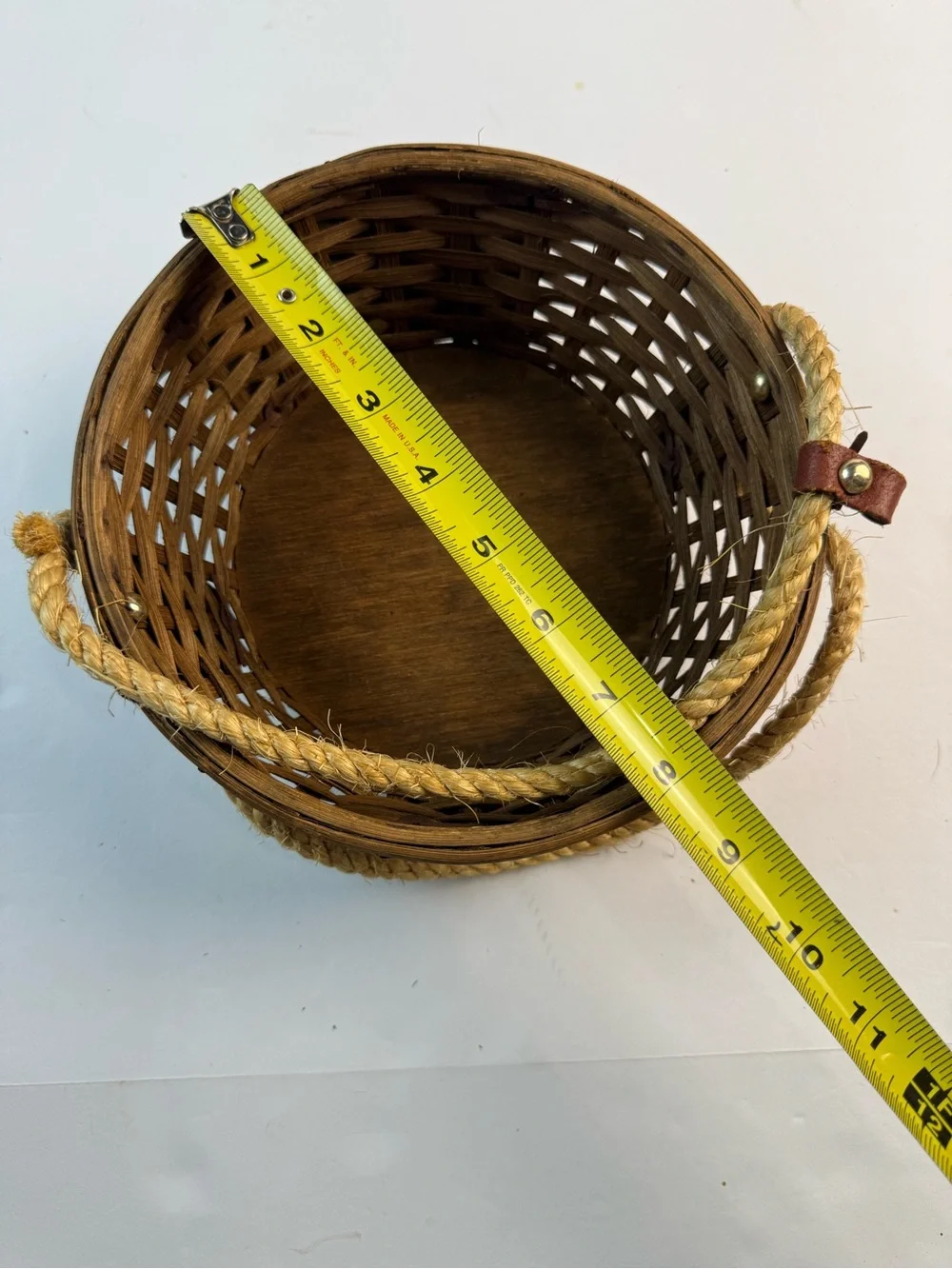 Vintage mid-centuryWoven Straw basket with Brown Leather Panels and Rope Handle